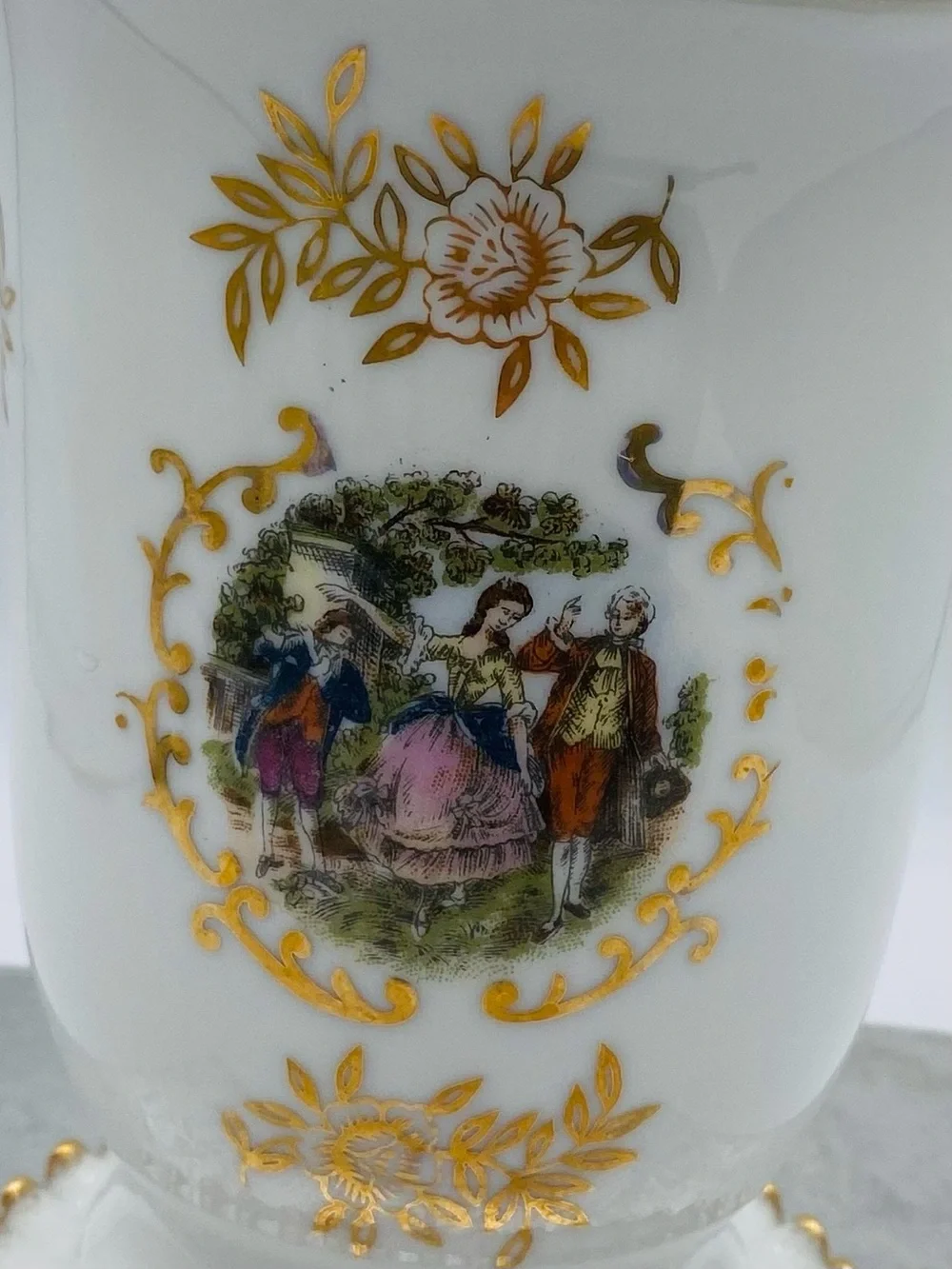Vintage Lefton Porcelain Lidded Jar/Urn Hand Painted Courting Couple Gold Trim